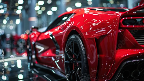 Close up photo of back view luxury sport car with futuristic tail lights. Blur background.