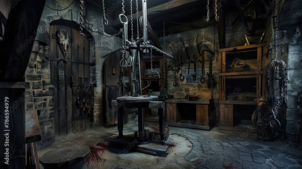 Torture chamber with an iron maiden and other gruesome device, chains, horror, thriller. Gloomy place, ghosts, paranormal, gothic, middle ages, ruins, dampness, mysticism, fear. Generative by AI