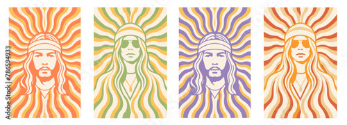 Vibrant set of four retro-style illustrations featuring stylized hippie figures with iconic 70s motifs