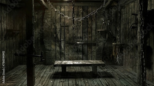Torture chamber with an iron maiden and other gruesome device, chains, horror, thriller. Gloomy place, ghosts, paranormal, gothic, middle ages, ruins, dampness, mysticism, fear. Generative by AI