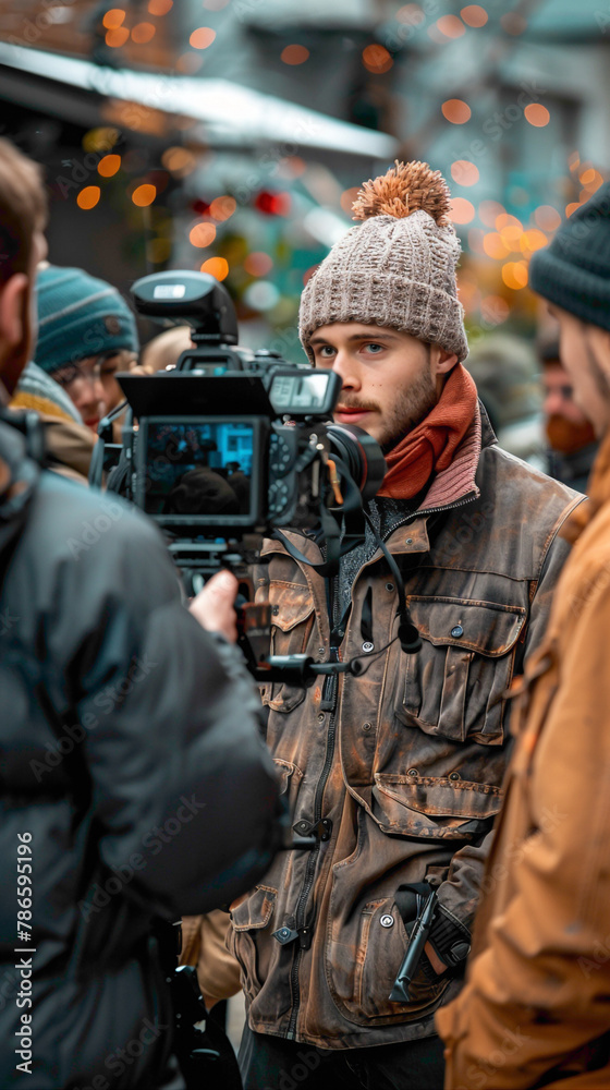 A Film Director Directing actors and crew members during rehearsals and filming to achieve desired performances and shots, realistic people photography