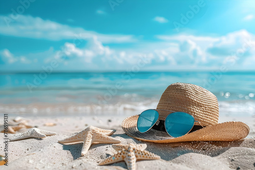 Selective focus shot of sunglasses and a hat on a sandy beach Happy summer background