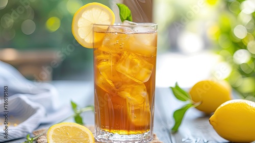 Tall glass of iced tea spiked with vodka and garnished with lemon, drink with a degree, goblet, club, bar, alcohol aesthetics, aromatic drink and nice company concept. Generative by AI
