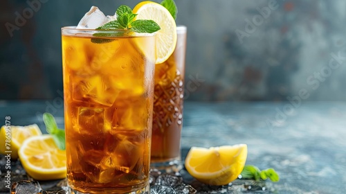 Tall glass of iced tea spiked with vodka and garnished with lemon, drink with a degree, goblet, club, bar, alcohol aesthetics, aromatic drink and nice company concept. Generative by AI