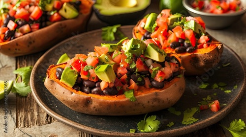 Stuffed sweet potatoes topped with black beans salsa and avocado, sprinkled with herbs. Restaurant dish, seasonal offering, proper nutrition, diet food. Culinary aesthetics concept. Generative by AI