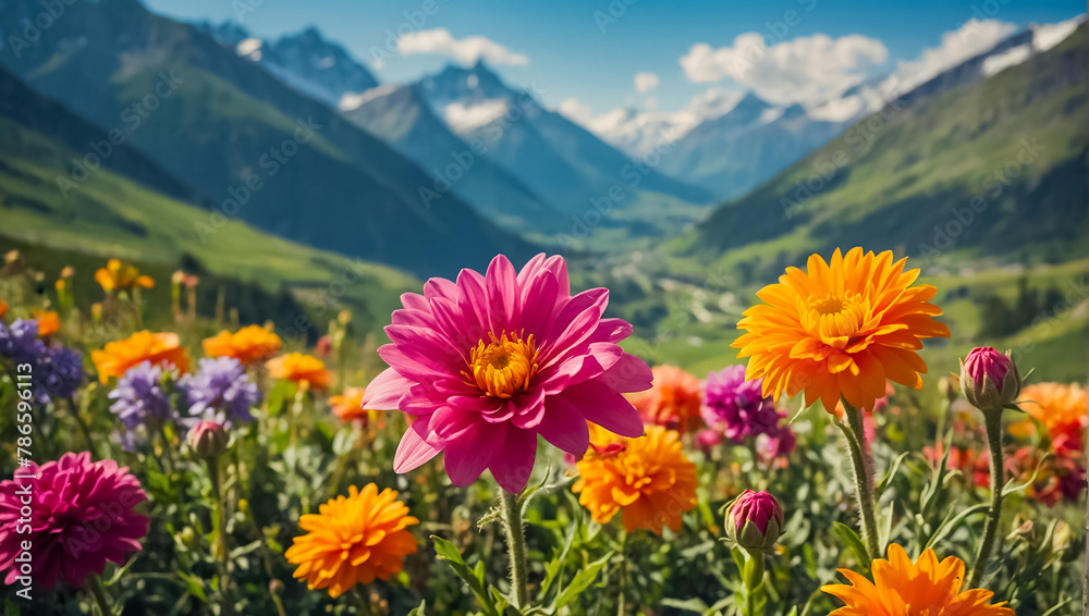 Beautiful flowers, mountains in the background sunshine