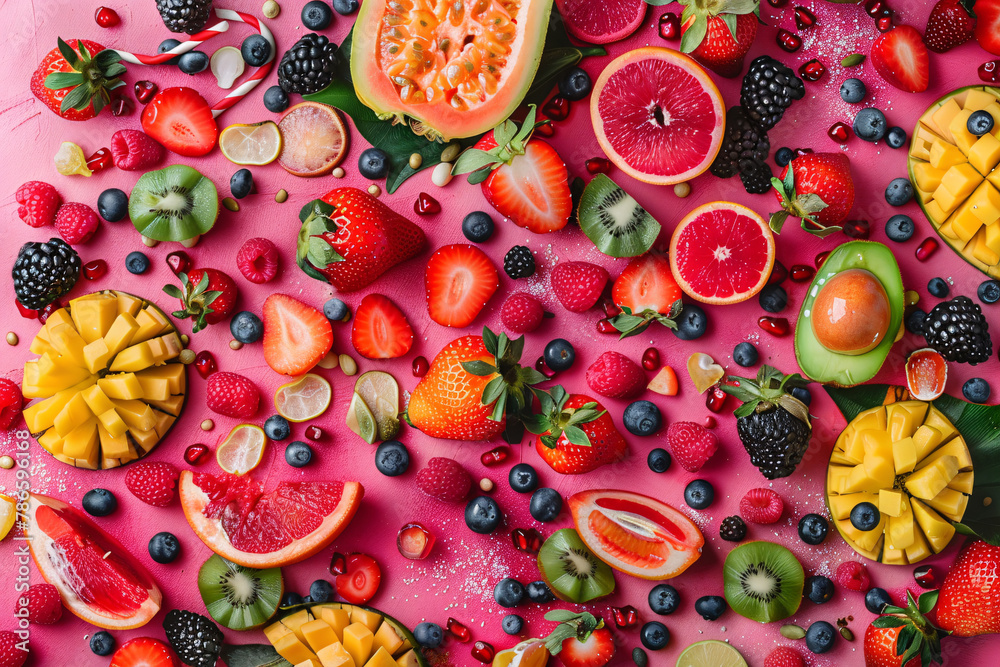 Abstract food background with ingredients such as fruits vegetables and spices Abstract food background with ingredients such as fruits vegetables and spices