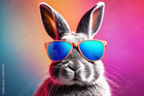 Brutal rabbit in glasses on a multi-colored neon background © Ekaterina