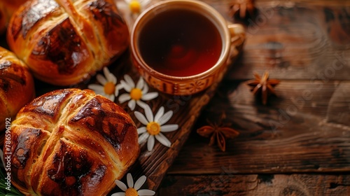  A wooden tray holds hot cross buns and a steaming cup of tea, accompanied by a star anise cookie