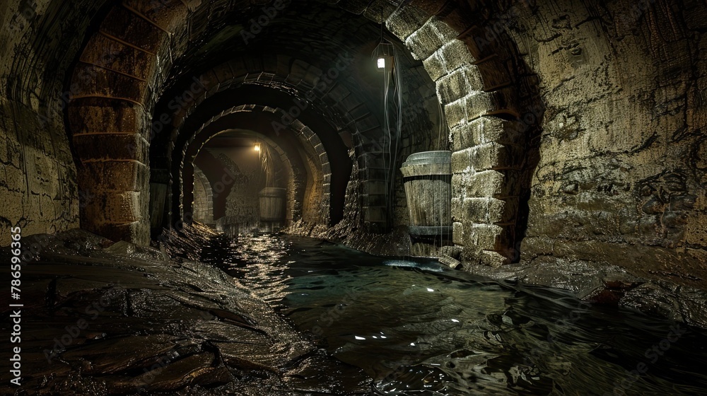 Mysterious underground river flowing through depths of old castle. Gloomy place, ghosts, paranormal, gothic, middle ages, ruins, mysticism, uncomfortable place, ancient sewer. Generative by AI