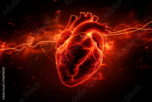 Abstract human heart shape with red cardio pulse line. Creative stylized red heart cardiogram with human heart on black background. Health  cardiology  cardiovascular diseases concept