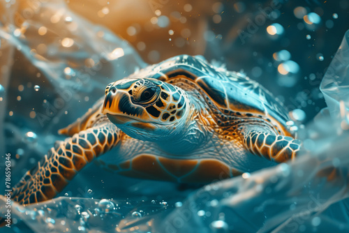 Plastic pollution in ocean environmental problem. Sea turtle entangled in plastic, environmental problem