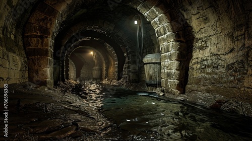 Mysterious underground river flowing through depths of old castle. Gloomy place, ghosts, paranormal, gothic, middle ages, ruins, mysticism, uncomfortable place, ancient sewer. Generative by AI