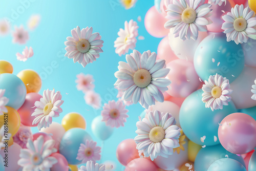 3d render of colorful balloons and flowers on blue background. Abstract balloon spring floral background with space for text