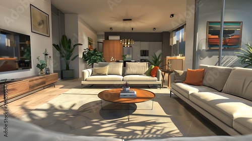 Fully furnished interior of a modern living room generated digitally of a contemporary living room interior photo