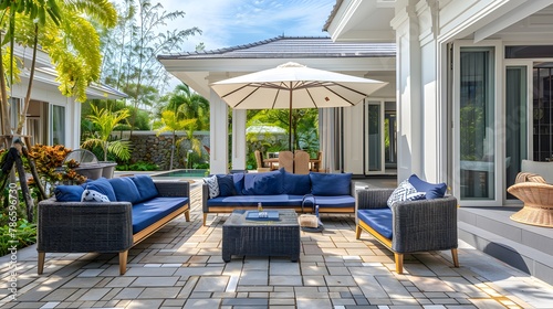 Cozy stylish terrace in a luxury villa with patio furniture. Stylish terrace with blue furniture