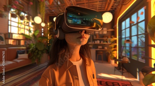 Woman Experiencing Virtual Reality in a Sunny Room