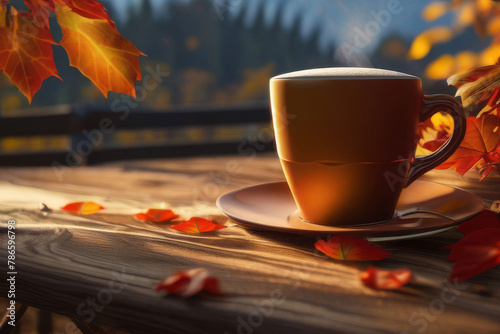 Obraz na płótnie Autumn leaves and a hot steaming cup of coffee. Wooden table and cup of coffee on autumn background. Autumn season, free time, coffee break, September, October, November concept. w salonie