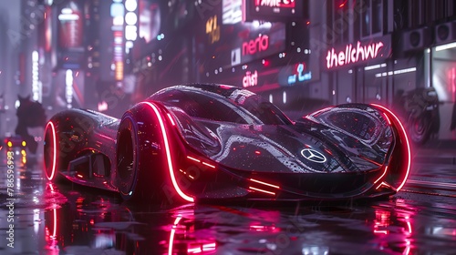 Beneath the neon glow of a futuristic cityscape, the sinuous curves of a biomechanical hybrid's chassis evoke a sense of elegant functionality. 