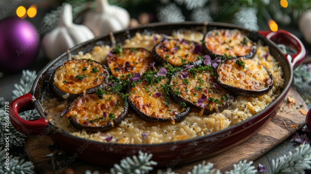 A red pan, filled with cooked eggplant, sits atop a wooden cutting board Nearby stands a Christmas tree A red pan, filled with cooked eggplant, sits atop a wooden cutting board Nearby stands a Christmas tree