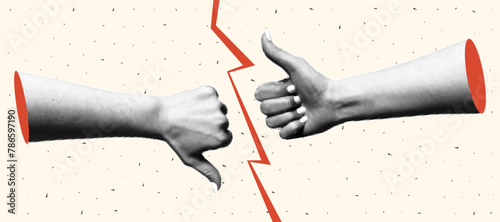 Halftone collage of a hand with thumbs up and thumbs down gestures. Banner with yes or no choice, torn paper collage.