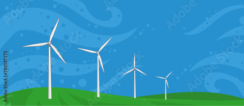 Wind farm, wind turbines in the field, wind towers, renewable energy sources - vector illustration