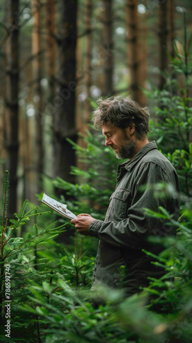 A Forester Conducting surveys and assessments of forested areas to evaluate tree health, biodiversity, and ecosystem dynamics, realistic people photography