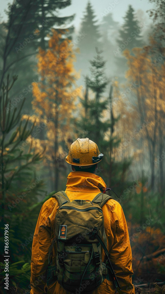 A Forester Monitoring forest resources and implementing strategies to mitigate risks such as wildfires, pests, or invasive species, realistic people photography