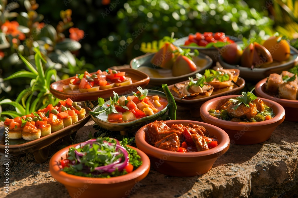 Renewable Delights: Moroccan-Spanish Fusion Tapas Served on Biodegradable Dishware – Visualize an array of Moroccan-Spanish fusion tapas, 