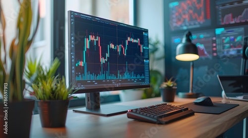 Desktop Computer Monitor with Business candle stick graph chart of stock market investment trading standing at work place at home. photo