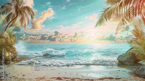 A vibrant printed image of a dreamy beach scene on high-quality paper photo