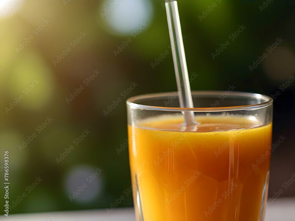 Bright fruit juice in a glass on a blurred home background Bright fruit juice in a glass on a blurred home background