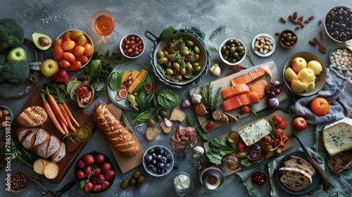 An assortment of foods are displayed on a gray-shaded backdrop.