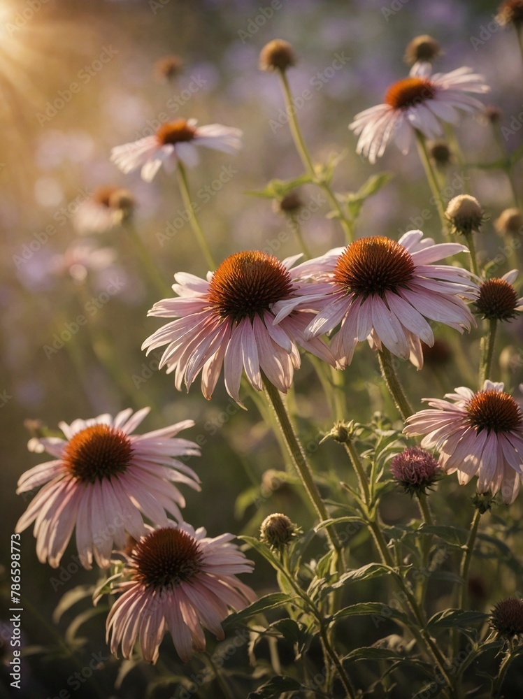 Fototapeta premium Cluster of daisies basks in soft glow of sunlight, their white petals tinged with gentle pink hue, stretching outward to embrace warmth. Brownish-orange centers, rich, earthy.