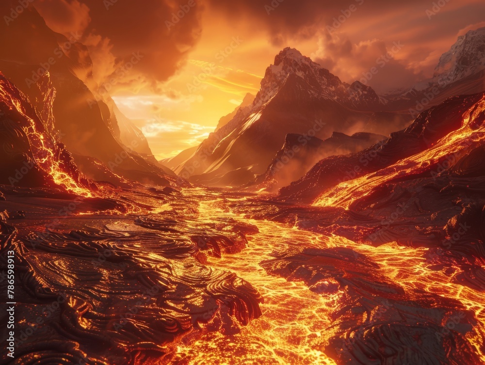 Ribbons of Molten Lava Flowing ThroughDramatic Landscape - Stunning Fire and Earth Contrast