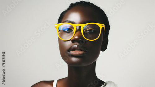 Mulher usando óculos com armação amarelo no fundo branco photo