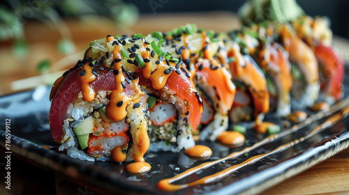 Enjoy a delicious sushi roll tempura-fried and topped with nori, salmon, tuna, avocado, and caviar. Drizzled in pineapple sauce, it's served on a black plate on a wooden table.
