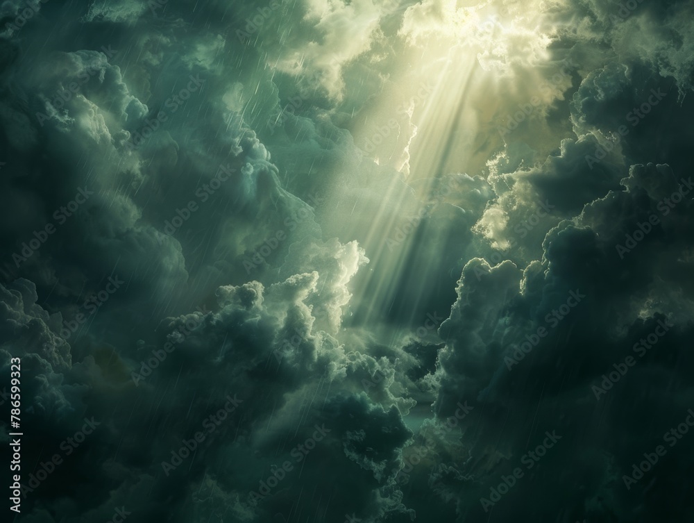 Fototapeta premium Radiant Sunlight Breaking Through Storm Clouds Over Landscape Photograph