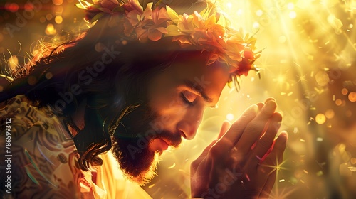 jesus with a floral wreath on his head and blessing hands in holy rays of spiritual light. bible illustration, christian mysticism, catholic religious art, christianism. fantasy art portrait photo