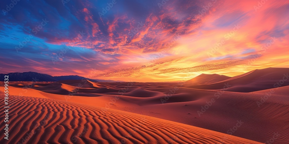 An expansive desert landscape at sunset, vivid colors in the sky, dunes creating patterns, portraying the beauty of wilderness. Resplendent. - obrazy, fototapety, plakaty 