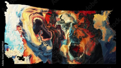 Shouters.
Two male faces with their mouths open distorted by effects.