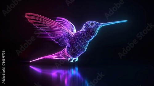 3d render techno neon purple blue glowing outline wireframe symbol of tiny flying hummingbird isolated on black background with glossy reflection on floor 