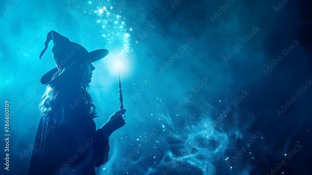 Magic wand with sparkle on blue background. wizard woman with magic wand casting spells. a magician casting a spell. wizard holding a magic wand, digital fantasy art. Fantasy wallpaper, vintage style