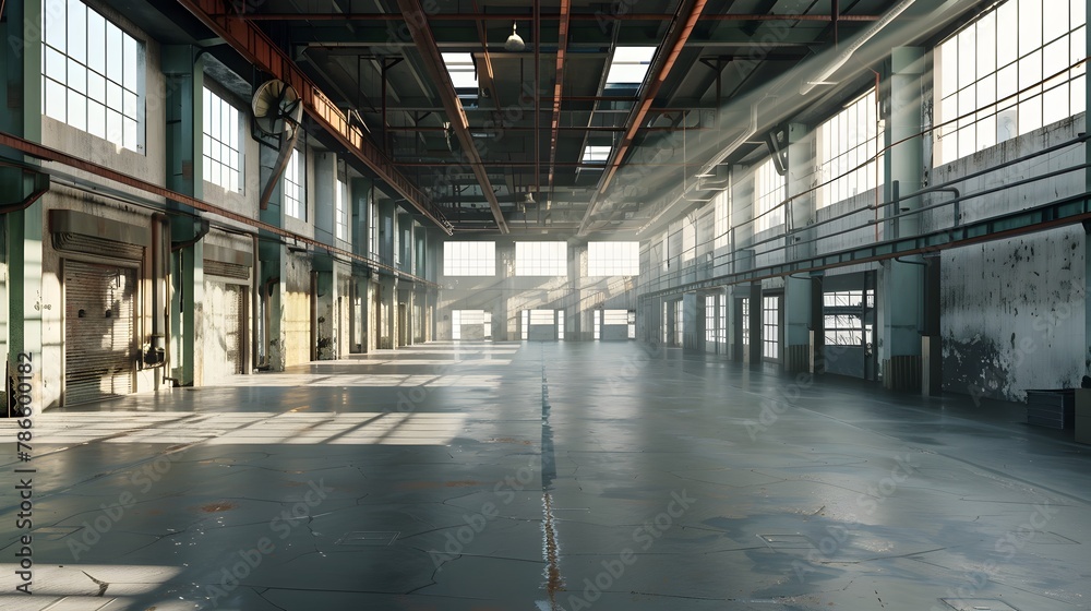 Large empty factory workshop space building. Large modern storehouse.