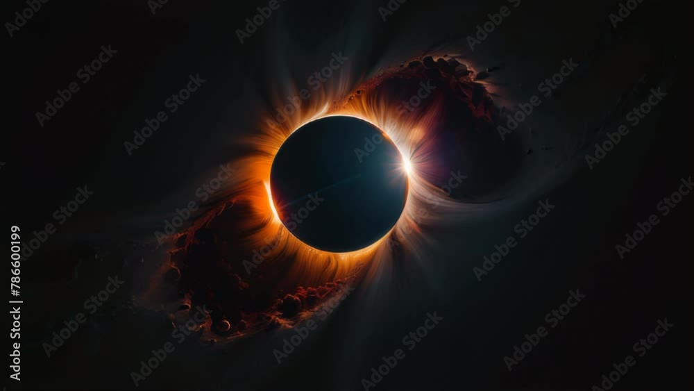 Total solar eclipse revealing a dramatic corona. Generative AI Video. ProRes LT 59.94 FPS is available in 4K 16:9.