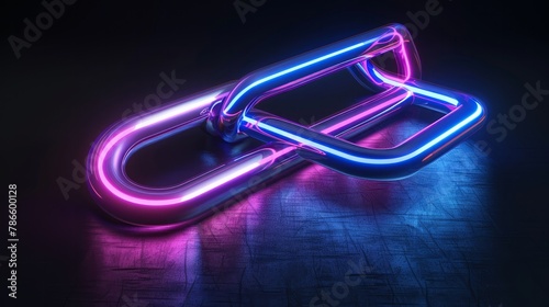 3d techno neon purple blue glowing outline wireframe symbol of paper clip as attachment isolated on black background with glossy reflection on floor --ar 16:9 Job ID: ad6bb028-5168-4ba6-ac66-bc5d8a92e