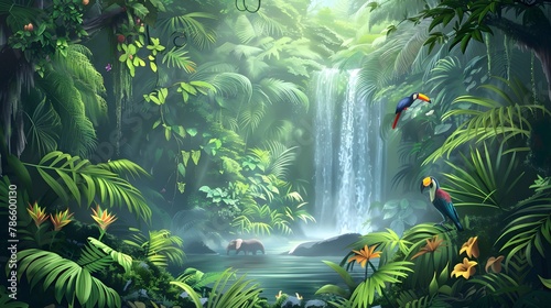 Jungle wallpaper with animals, trees and tropical plant. jungle scene with a tiger, a leopard, a monkey, a panther, elephant and a bird.