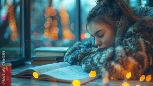 A tranquil winter evening study break, captured as a young student dozes peacefully amidst the warm glow of fairy lights, with an open book gently resting on her desk. photo