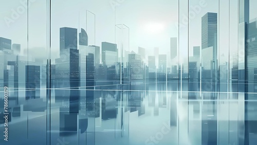 An abstract futuristic cityscape background with glass buildings and skyscrapers.