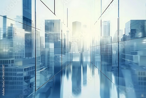 An abstract futuristic cityscape background with glass buildings and skyscrapers